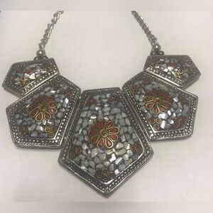 Statement Floral Tile Silver Necklace with Red Accents
